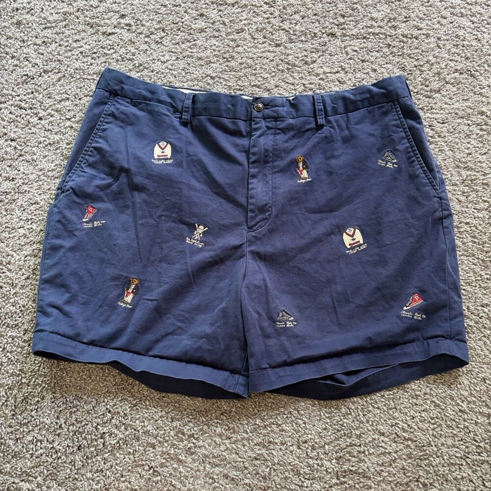 Polo Ralph Lauren All Over Embroidered Secret Society Chino Shorts Navy Blue 40